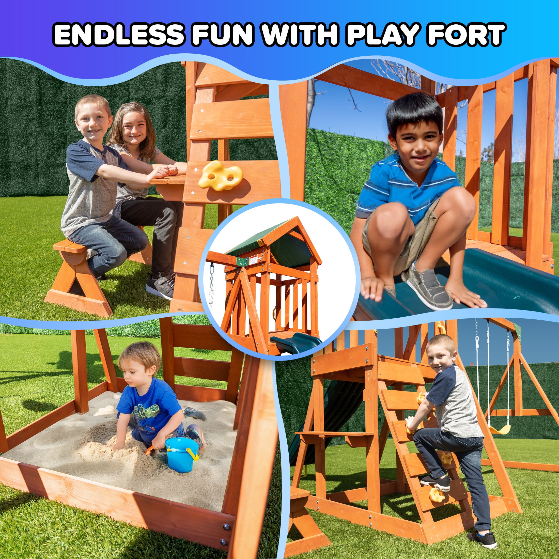 Sportspower Scottsdale Wood Swing Set with 2 Adjustable Belt Swings, Play Fort with Sandbox, Rock Climber, & Covered Deck, and 6-FT Slide, BONUS Anchor Kit Included, for Kids Aged 3-8