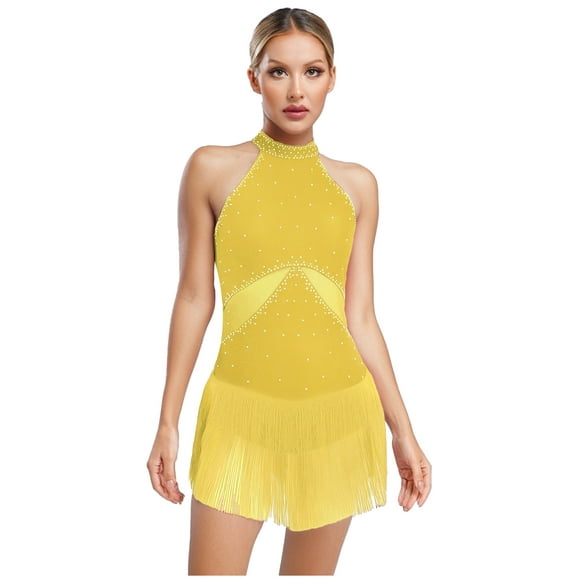 iiniim Women Rhinestone Fringe Leotard Figure Skating Performance Costume Halter Backless Bodysuit Yellow L