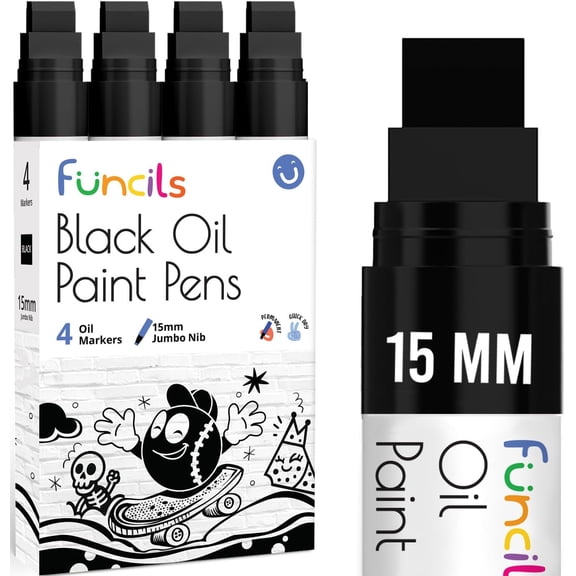 15mm Jumbo Oil Black Paint Pens - Based Markers for Metal Fabric Glass Rocks Automotive Tire Furniture Touch Up Wood Plastic Surfaces Waterproof & Permanent (4 pack)
