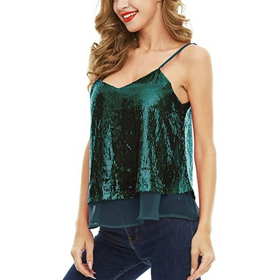 Women Sequins Sleeveless Tops with See-through Mesh Style Adjustable Shoulder Strap Summer Clothing