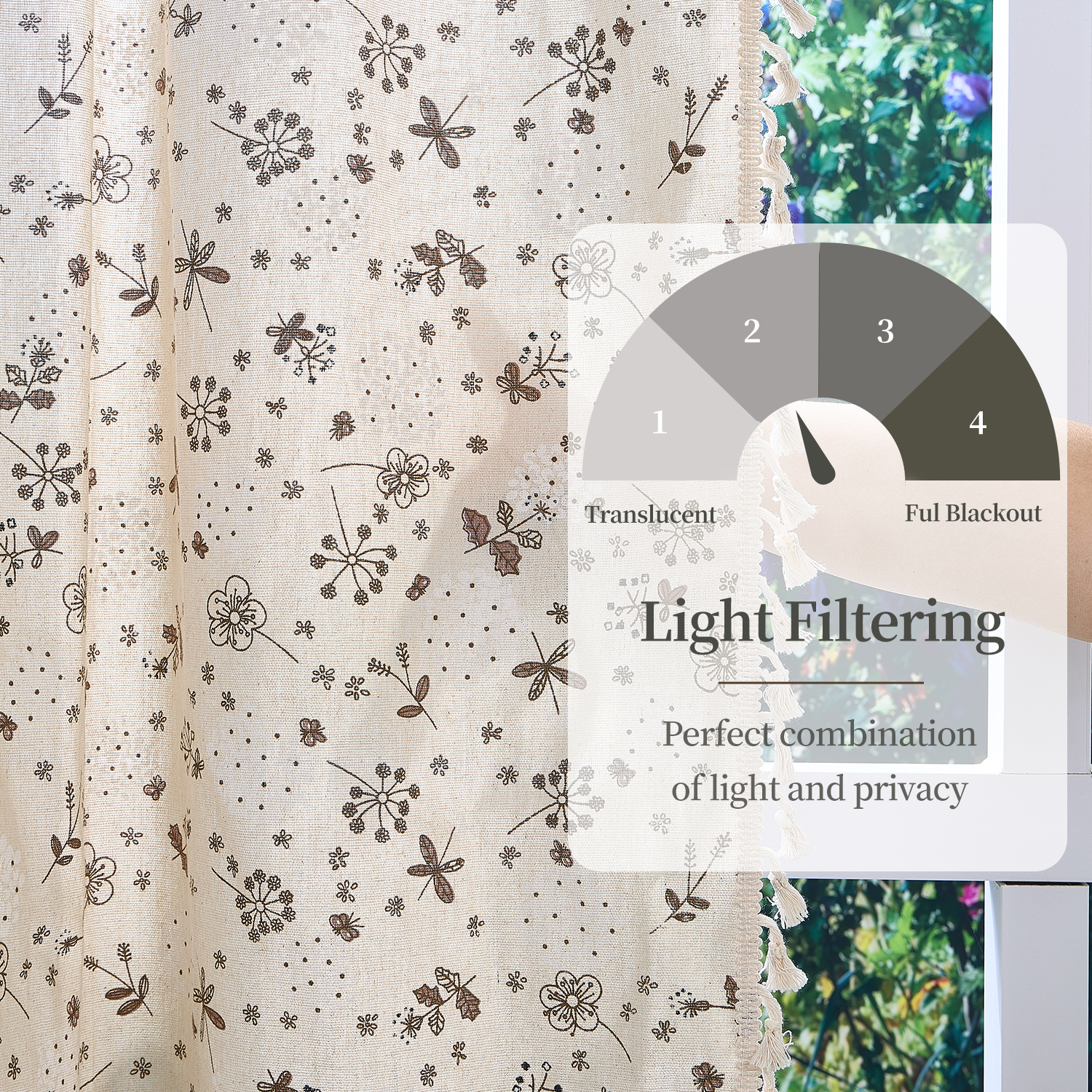 Lfeey Floral Print Linen Blend Curtains, with Tassels Semi-Transparent Rod Pocket Design for Room, 42x63 inch, 2 Panels