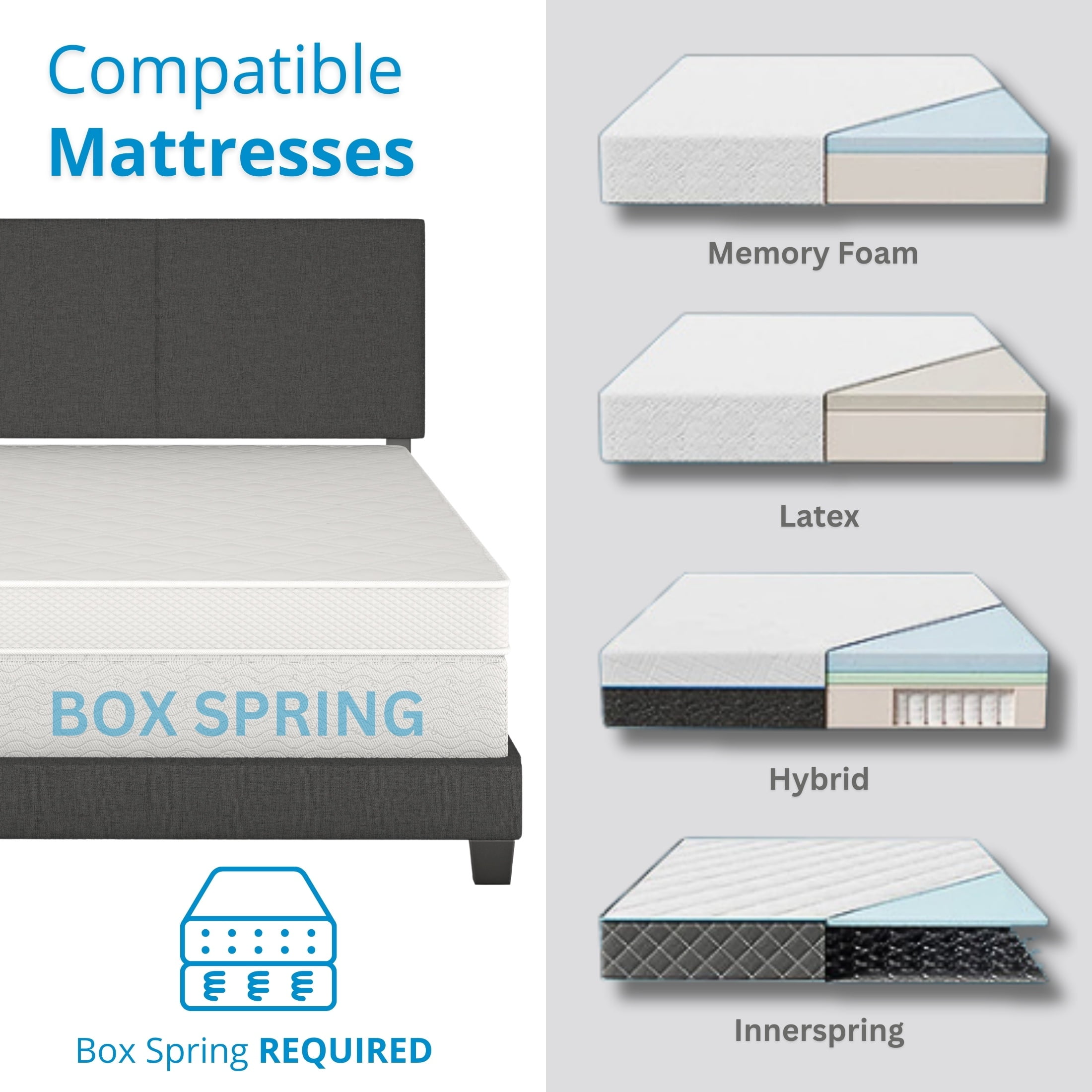 Boyd Sleep Milan Black Linen Queen Size Fully Upholstered Platform Bed Frame with Adjustable Headboard, Qualified Box Spring or Foundation Required for Use