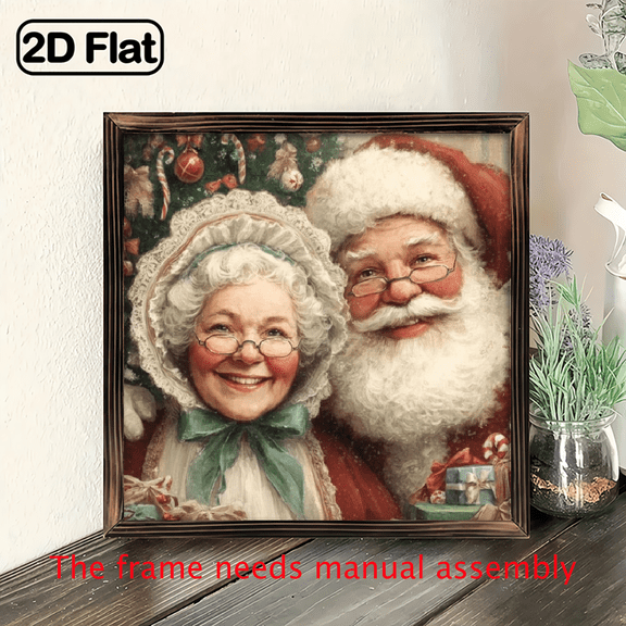 2D Flat Prints 1pc Wood Frame Wooden Wall Sign Santa Claus and Mrs Claus, festive decorated tree and gifts, vintage oil painting style Wall Art 8x8in Prints Print Painting For Living Room Bedroom