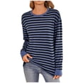 thumbnail image 1 of Aocisk Haut Blouse à Manches Longues à Rayures à Col Rond pour Femme, Mode Décontractée Automne et Hiver, Coupe Ample, à Blocs de Couleur pour Usage Quotidien, Bleu m, 1 of 9