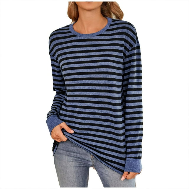 Aocisk Haut Blouse à Manches Longues à Rayures à Col Rond pour Femme, Mode Décontractée Automne et Hiver, Coupe Ample, à Blocs de Couleur pour Usage Quotidien, Bleu m
