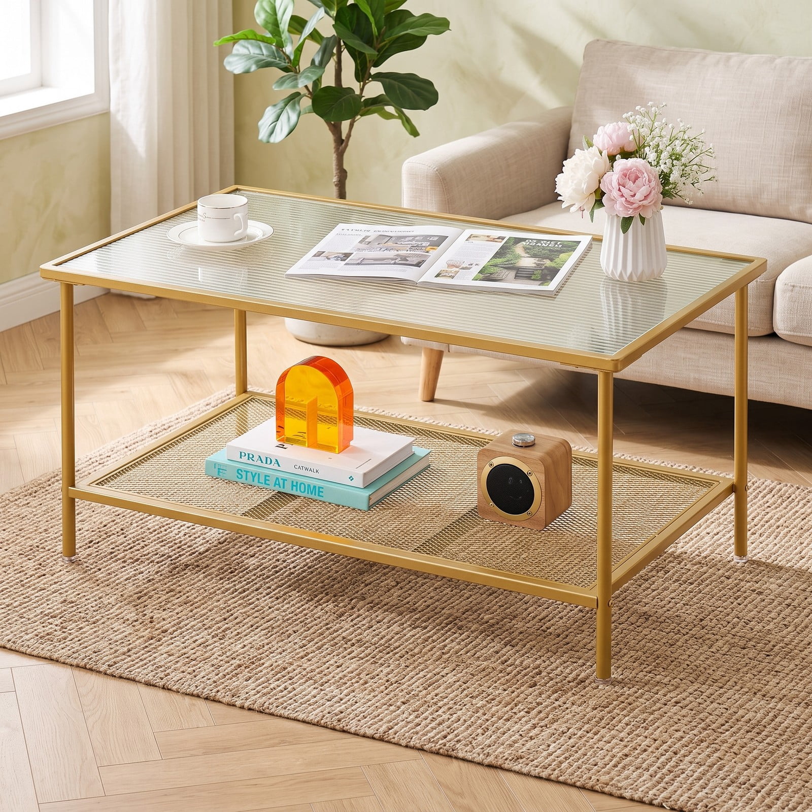 Furnibear 2-Tier Coffee Table with Tempered Glass Top and Storage Shelf, Modern Metal Frame Center Tea Table for Living Room Home Office, Golden