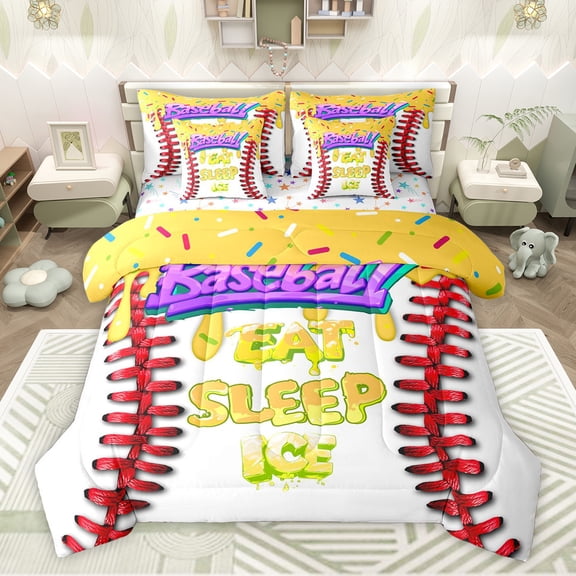 Feelyou Cartoon Birthday Party Twin Bedding Sets 7-Piece, Baseball Ice Hockey Bedding Comforter Set, Ball Sports Theme Reversible Sheet Sets, Breathable Home Decor