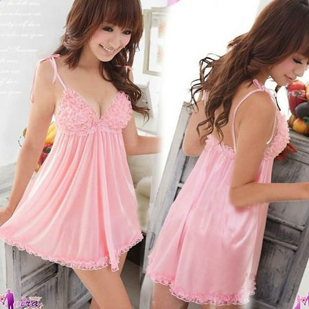 

Women Lingerie Dress Sleeveless Ruffled Chest Sleepwear V-neck Lace Robe Nightdress for Female