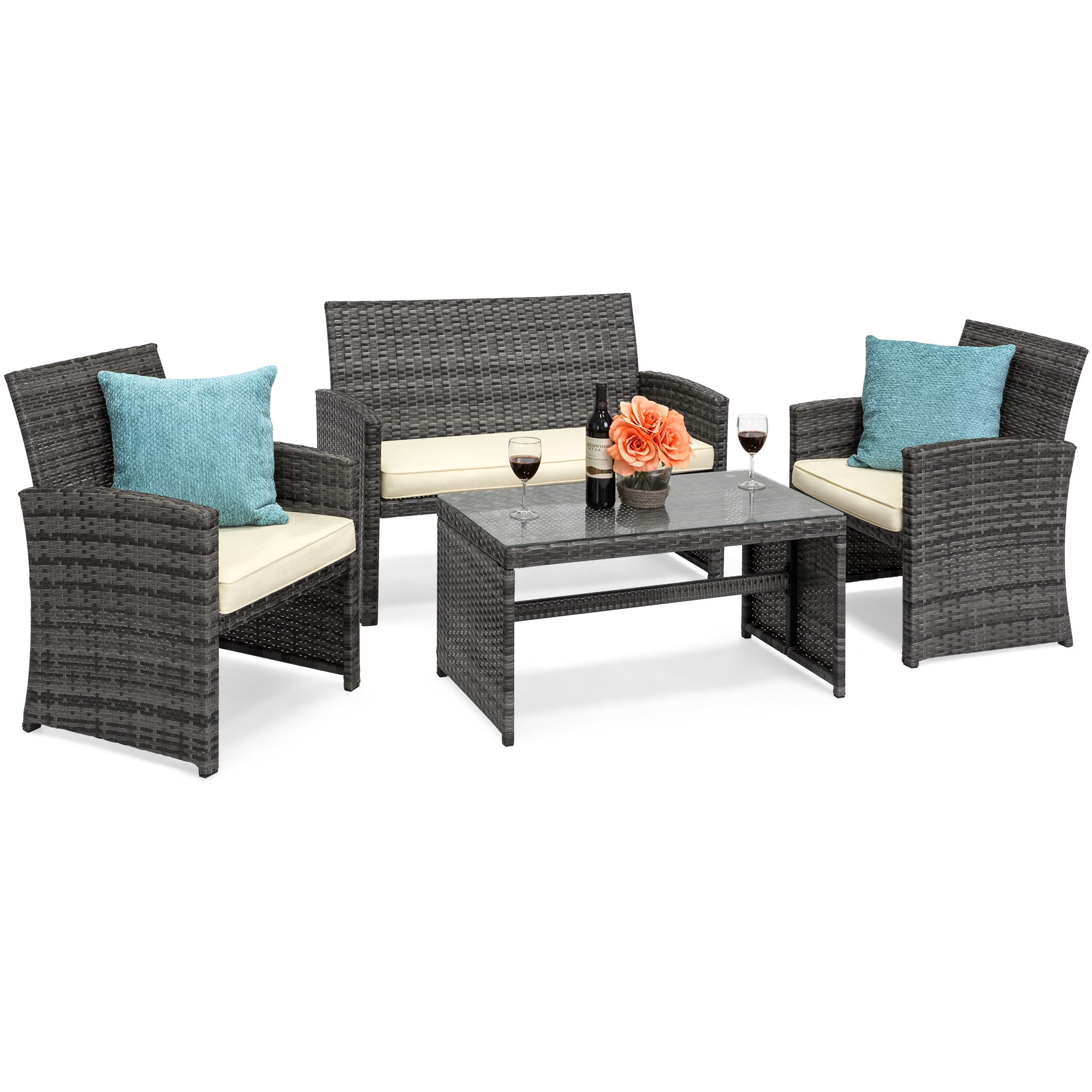 BCP 4-Piece Wicker Patio Furniture Set w Tempered Glass, Sofas, Table, Seats by Best Choice Products