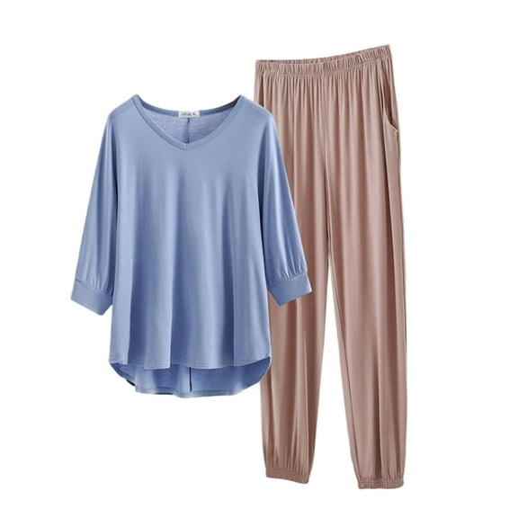 Women's Modal Pajama Lounge Outfits Casual 3/4 Sleeve Stretch Soft Sleepwear 2 Piece Set Night Shirt and Pants