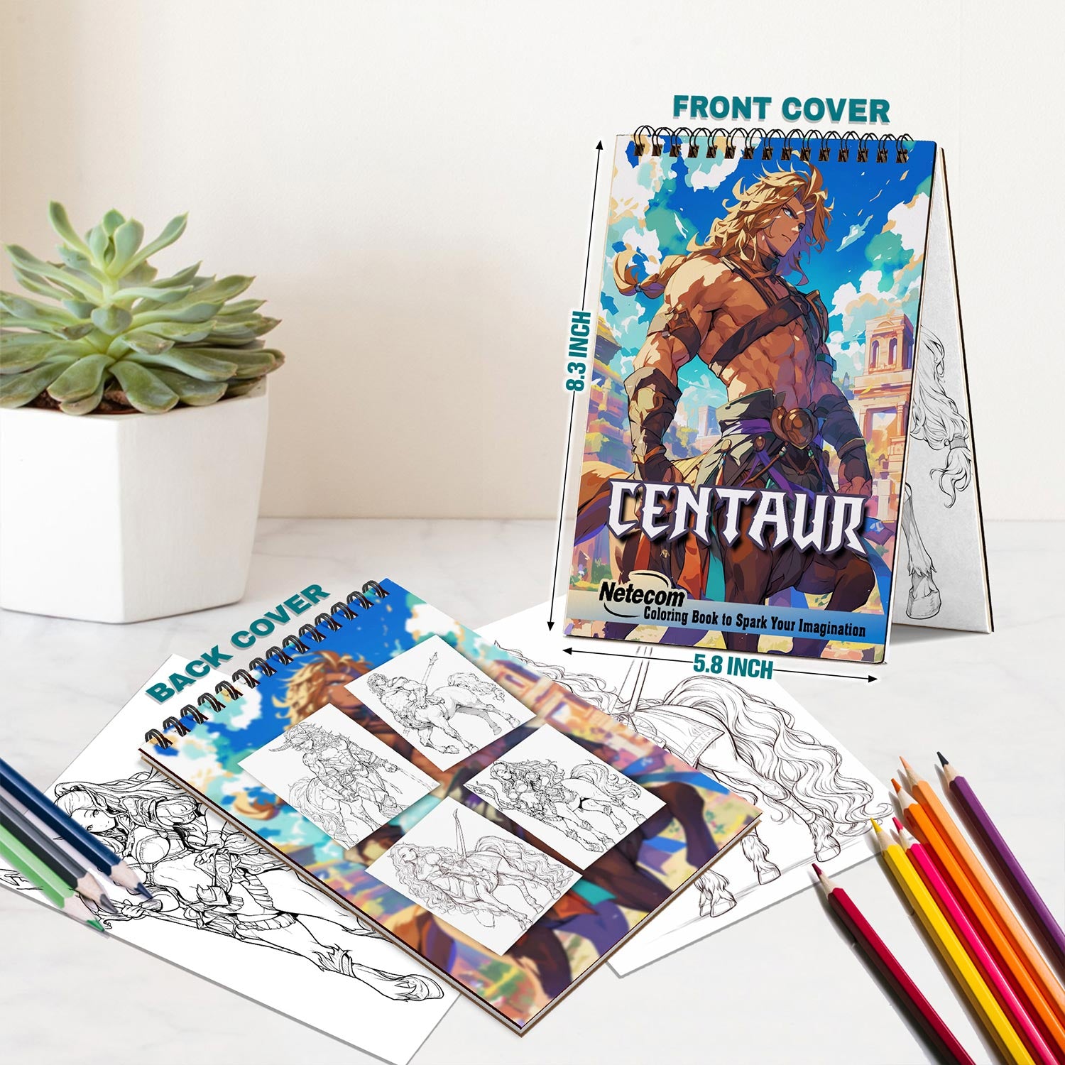 Netecom Centaur Coloring Book Spiral Bound for Adults, A5 Wooden Cover, 30 Stunning Illustrations of Majestic Creature for Stress Relief and Relaxation