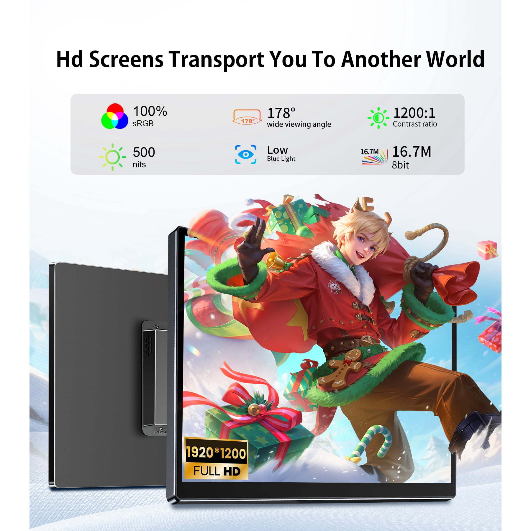 HOWENS 14-inch Portable Monitor with 500 Nits of High Brightness, 100% SRGB Wide Color Gamut, Adjustable Image Ratio, IPS Panel, 1920 x 1200 Resolution, Supports VESA Wall Mounting, and is Compatible