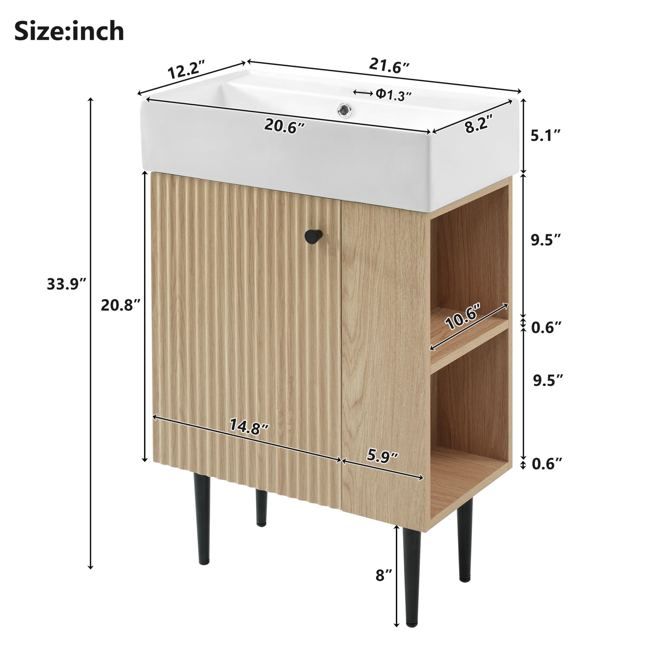 Noble House 21.6" Bathroom Vanity with Ceramic Sink, Right Side Storage Cabinet & Black Metal Legs, Wood