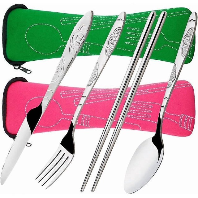 Assorted Stainless Steel Cutlery Set, 2 Packs 8 Piece Cutlery Set Include Knife Fork Spoon Chopsticks, with Protective Carrying Case - Red, Green