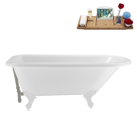 62" Streamline N4840WH-BGM Soaking Clawfoot Tub and Tray With External Drain in Brushed Gun Metal and Glossy White Clawfeet