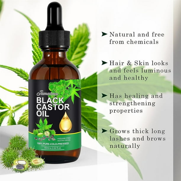 Aceite de ricino negro jamaicano, aceite de ricino orgánico, aceite de ricino negro frío orgánico para la piel del cabello corporal, aceite de masaje, nutritivo para el cabello 60 ml