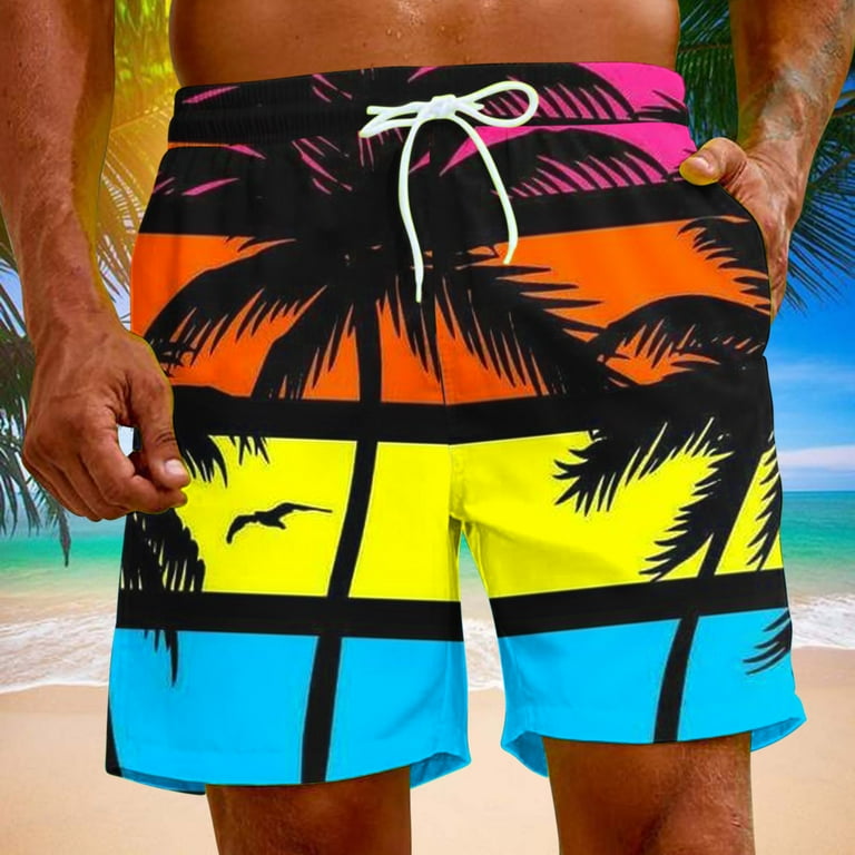 OWMEOT Summer Swim Trunks Mens Tropical Print Beach Shorts Lightweight Quick Dry Stretchy Bathing Suits 5 Drawstring Board Shorts
