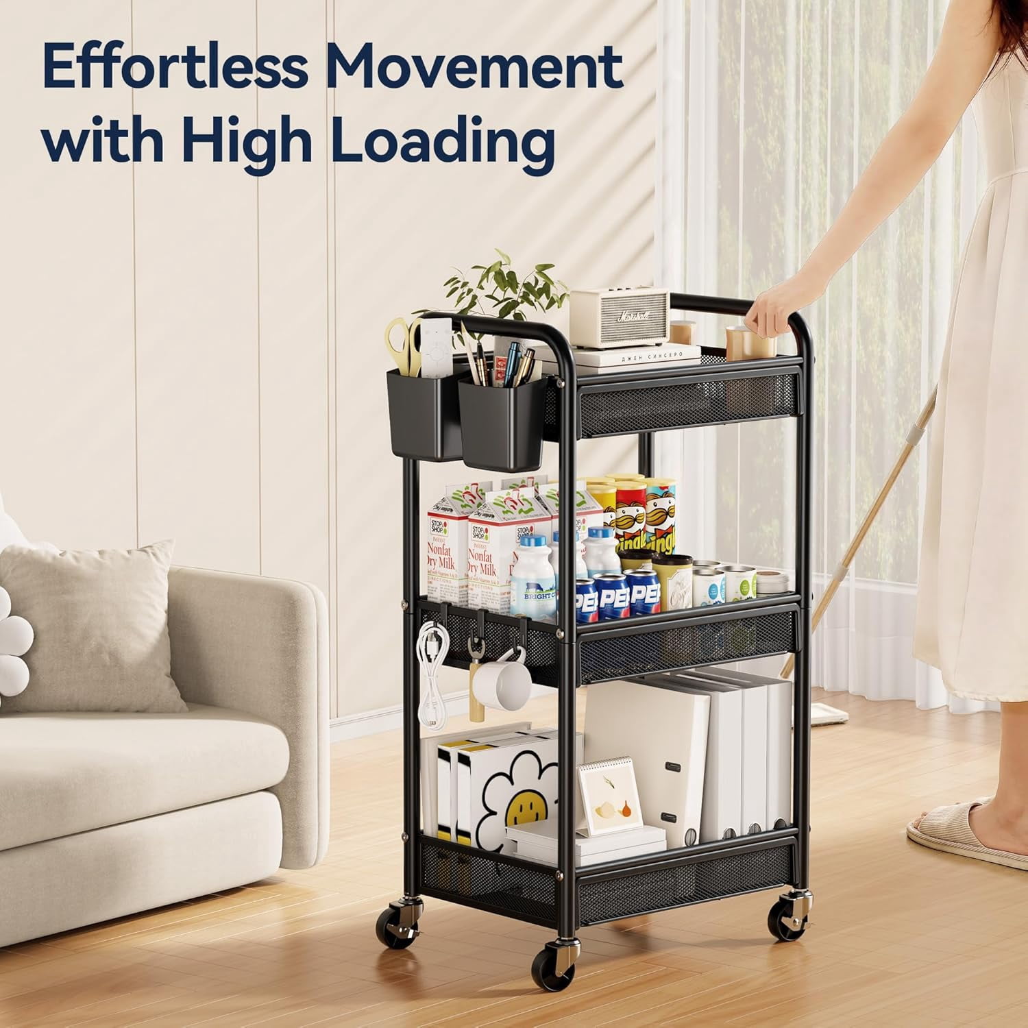 3 Tier Rolling Cart – Metal Utility Storage Cart with Wheels, Craft Cart Organizer with Hanging Cups, Hooks, Mesh Basket for Bedside Kitchen Office Art, Black