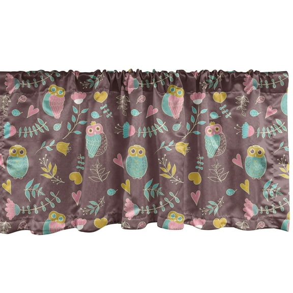 Ambesonne Owl Print Window Valance, Fall Forest Birds Hearts, 54" X 12", Pale Chocolate Multicolor