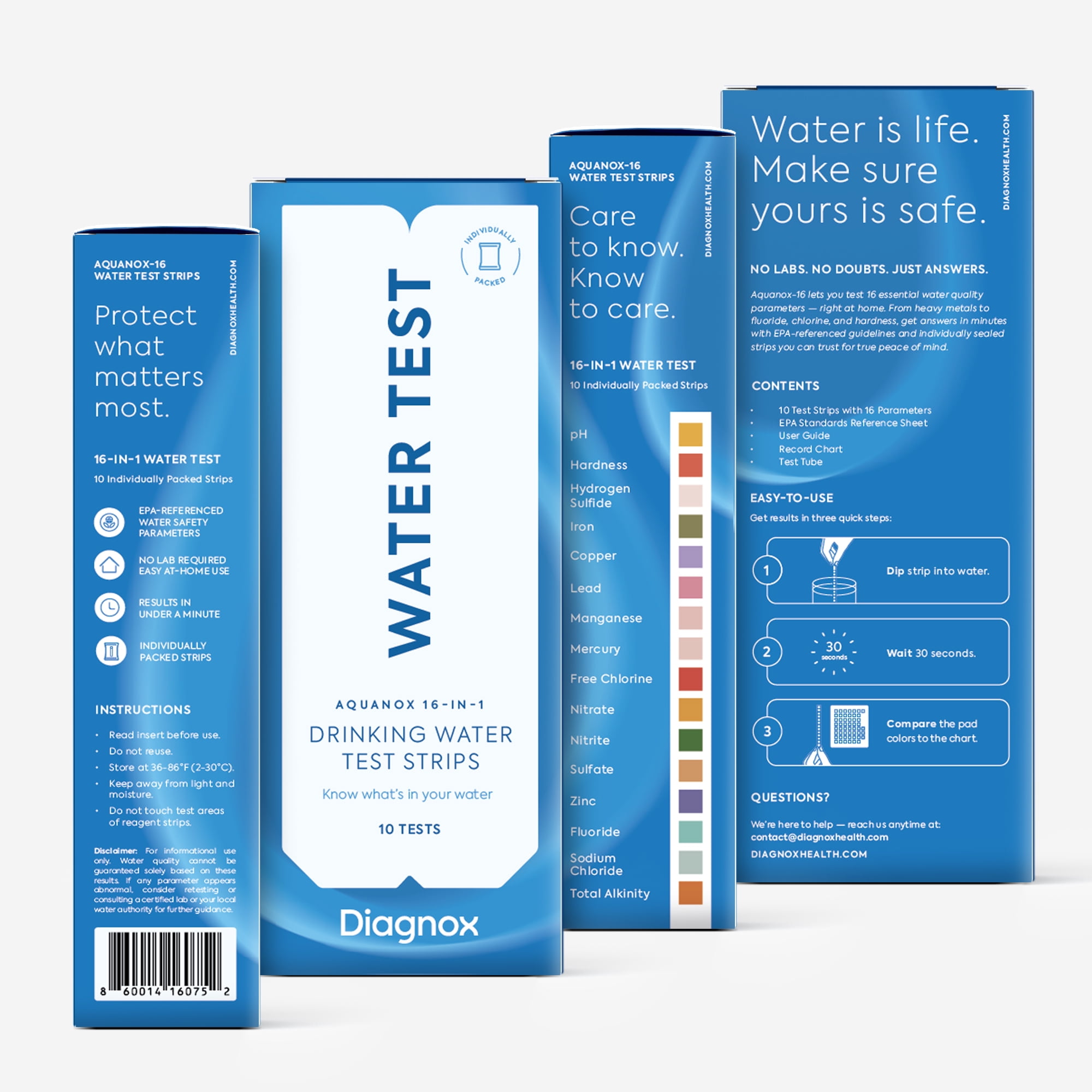 Diagnox Aquanox 16-in-1 Water Quality Test Strips, Individually Packaged and Clinical Grade, 10 Count