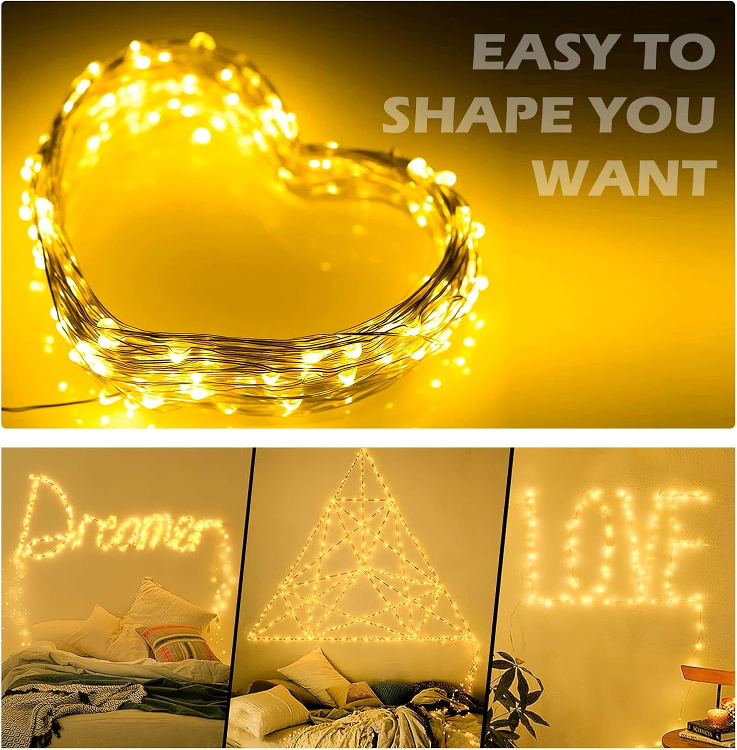 String Lights, USB Fairy Lights Plug in with Remote & Timer 66 ft 200 LED Twinkle String Lights Silver Wire Lights 8 Modes Outdoor Indoor Waterproof Starry Lights DIY Party Wedding, Warm White