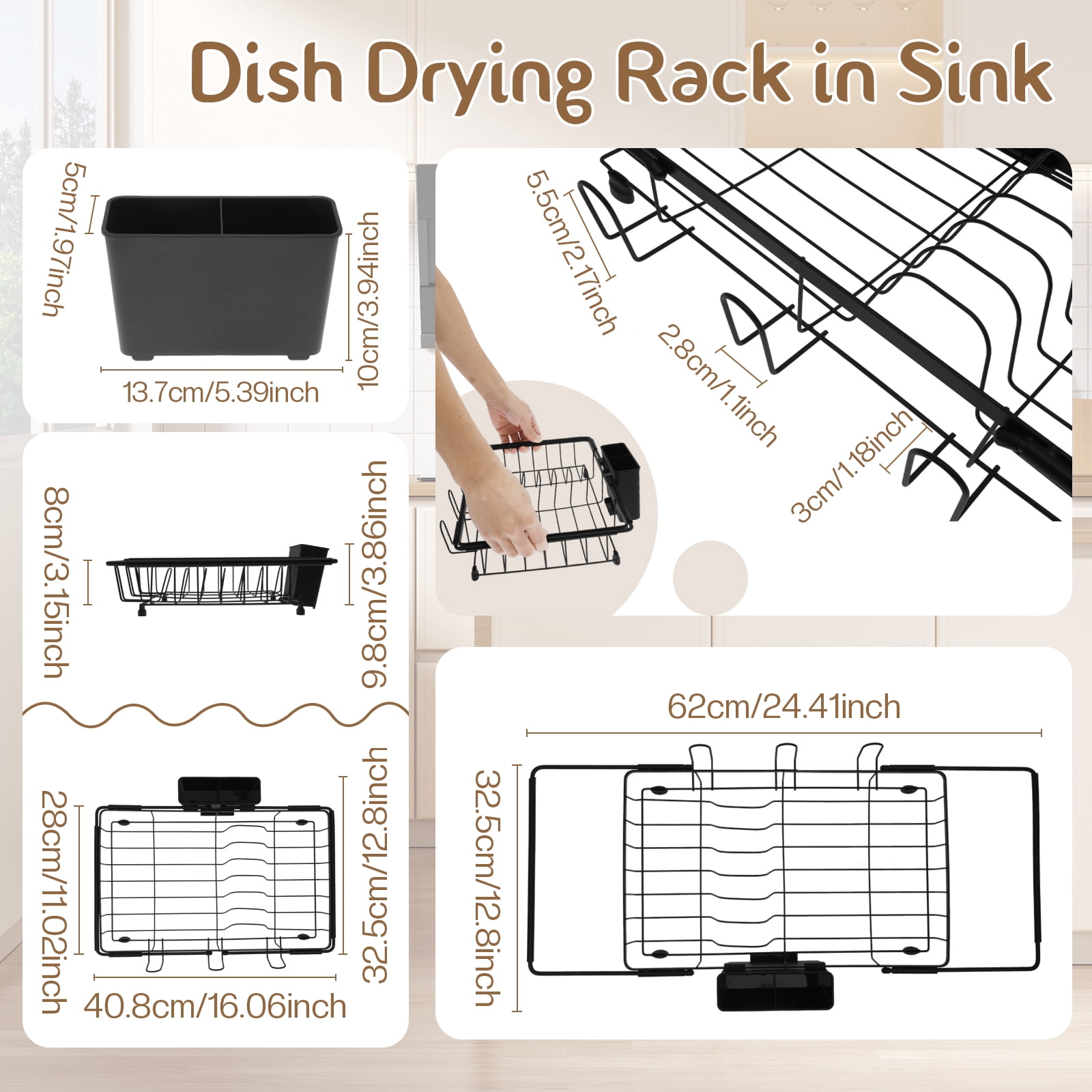 FKSZLL Expandable Dish Drying Rack in Sink Carbon Steel Dish Drain Rack Over Sink, Sink Dish Drainer for Kitchen Counter with Cutlery Holder, 16"~24.4" x 12.8" x 3.9"