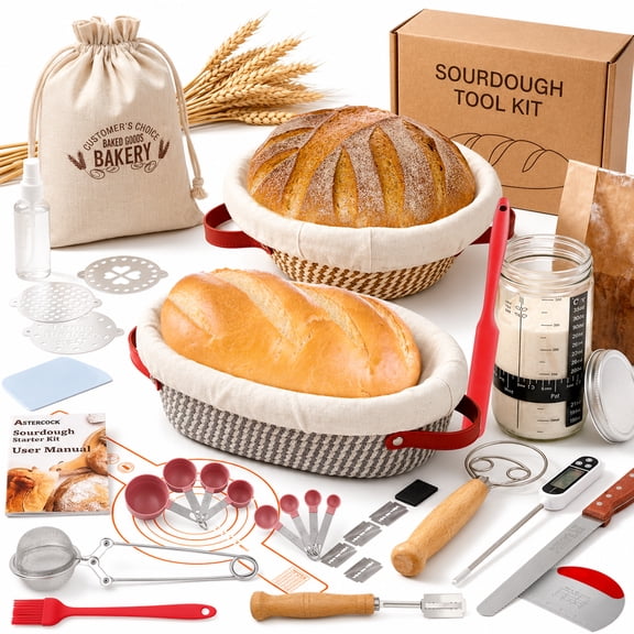 Bread Proofing Basket Set, 9" Round & 10" Oval Banneton Baskets for Sourdough, with Linen Liner, Dough Whisk, Bread Lame & Scraper for Home Baking & Artisan Bread Making