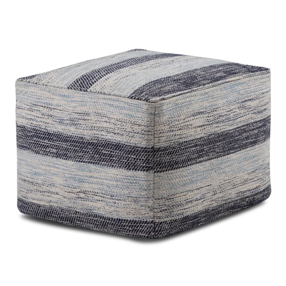 Simpli Home Clay 18 inch Wide Boho Square Pouf in Patterned Blue Melange Cotton