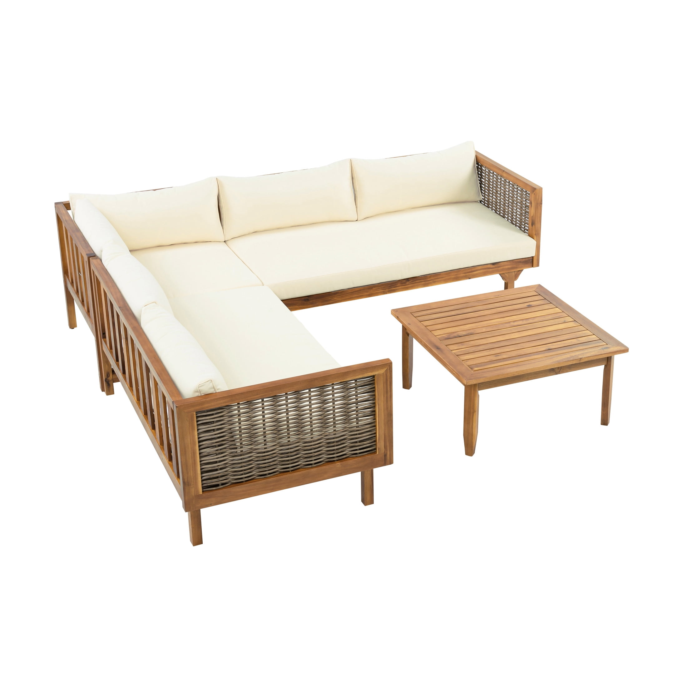 Christopher Knight Home 4-Piece Patio Wicker Conversation Set, Sectional Sofa Set with Coffee Table & Beige Cushions