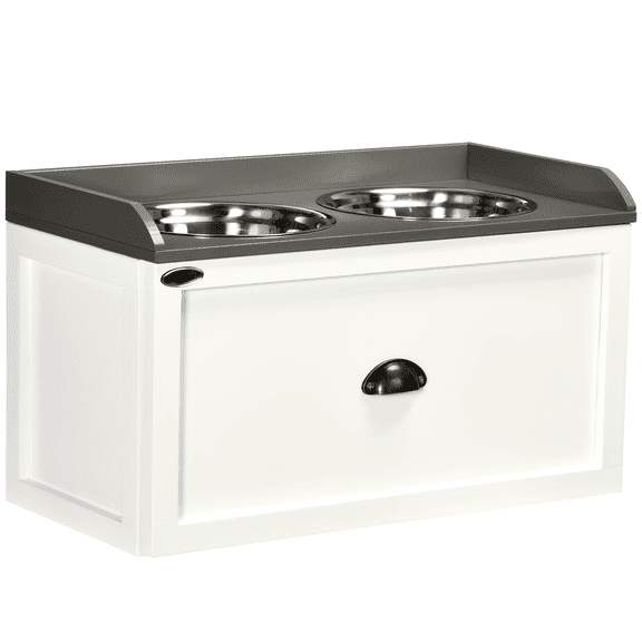 Lioneng Trading Dog Feeding Station With Storage Drawer, Dog Food Storage Cabinet With 2 Removable Elevated Dog Bowls For Large Sized Dogs, White