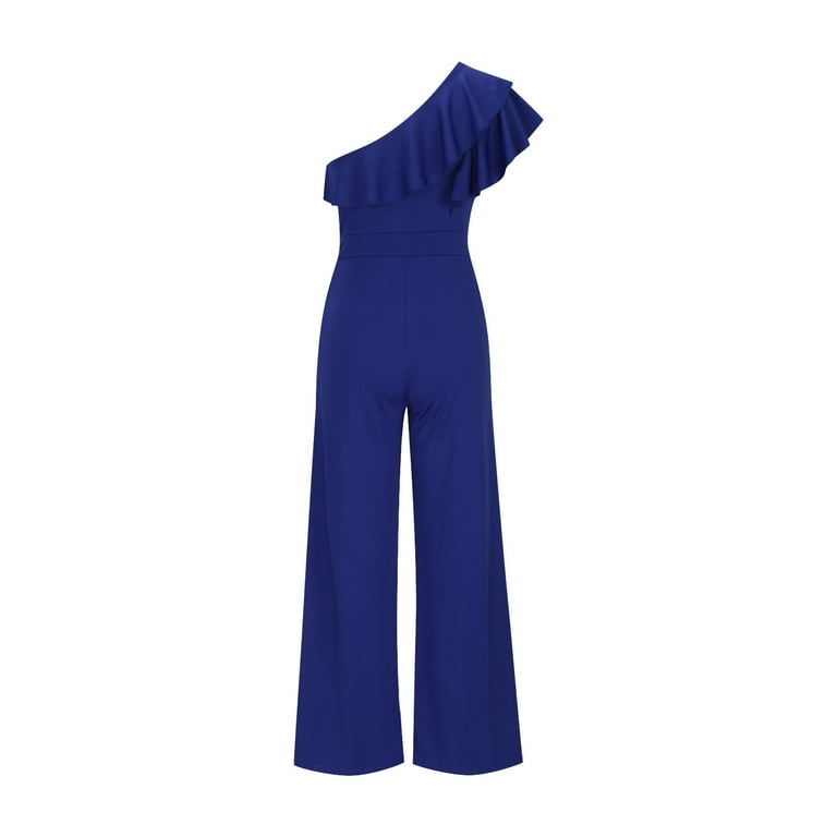 One Shoulder Dress Jumpsuits for Women Sleeveless Ruffled Tunic Wide Leg  Onesie Workwear Blue,L - Walmart.com