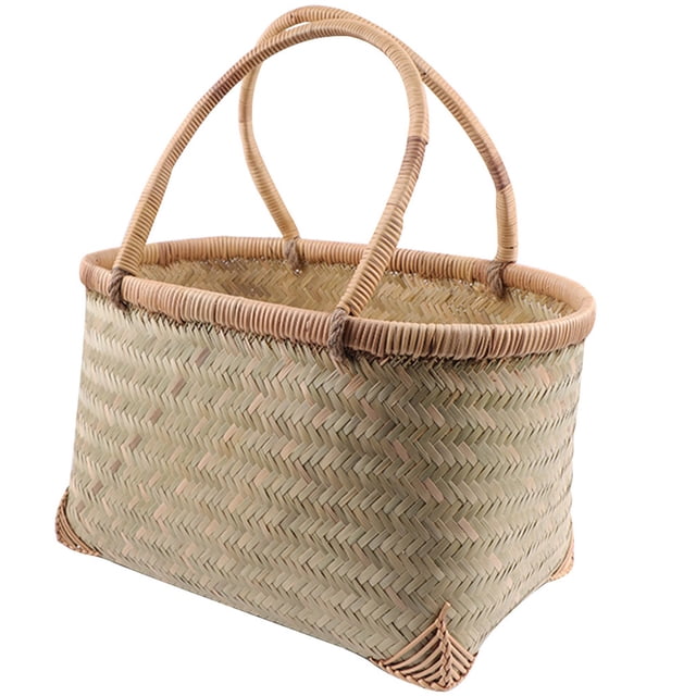HAMPPLIES Cesta Tejida De Bambú Para Con Asa Portátil Natural Y Resistente Para Picnic Y Jardín