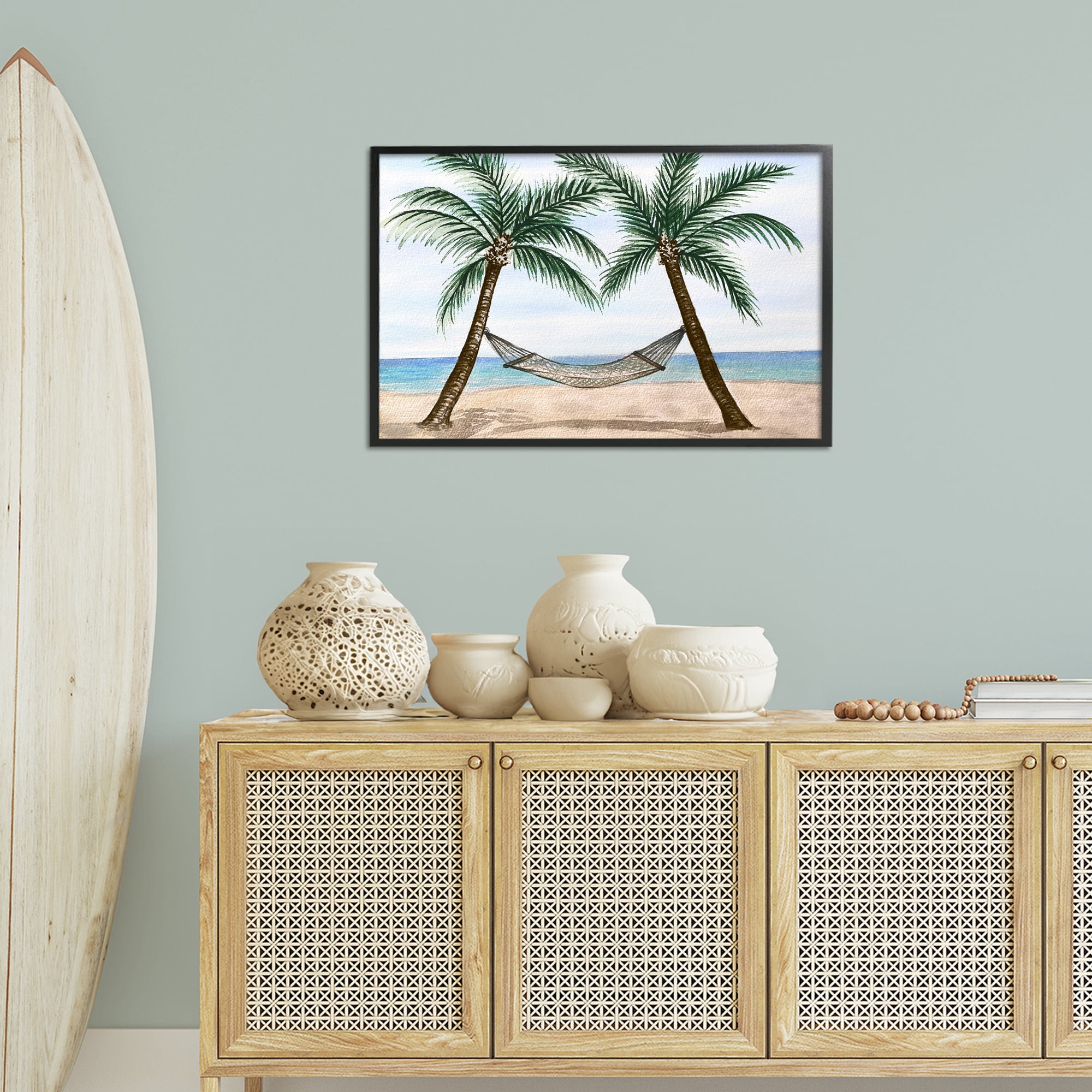 Stupell Industries Hammock Between Palms Landscape Painting Black Framed Art Print Wall Art, 30 x 20