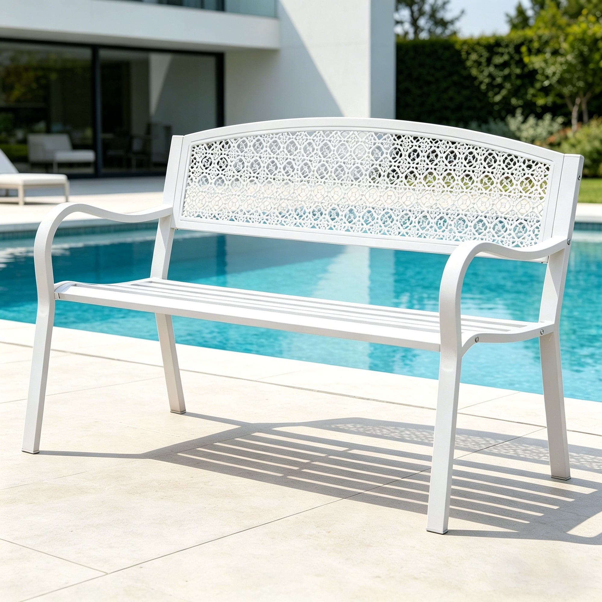 Abble High Back Outdoor Metal Garden Bench Steel Slat Patio Loveseat Park Bench for Porch Yard Lawn Patio Bench, White