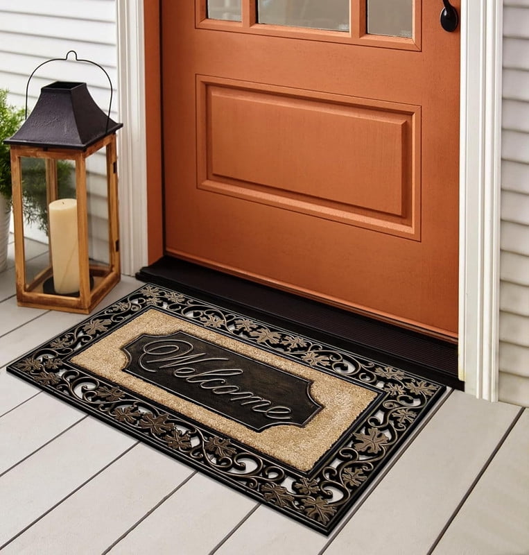 A1HC First Impression Rubber and Coir Large Floral Welcome Door Mat, 18" X 30", Dirt Trapper Thick Durable Heavy Duty Doormat