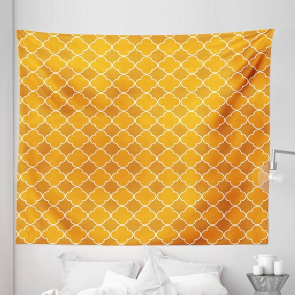 Quatrefoil Tapestry, Clover Shape Girih Pattern Eastern Trellis Tradition Floral Oriental, Fabric Wall Hanging Decor for Bedroom Living Room Dorm, 5 Sizes, Brown Yellow, by Ambesonne