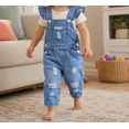 thumbnail image 3 of KIDSCOOL Toddler Baby Denim Overalls Ripped Distressed Jean Bib Romper, 12-18 Months, 3 of 7