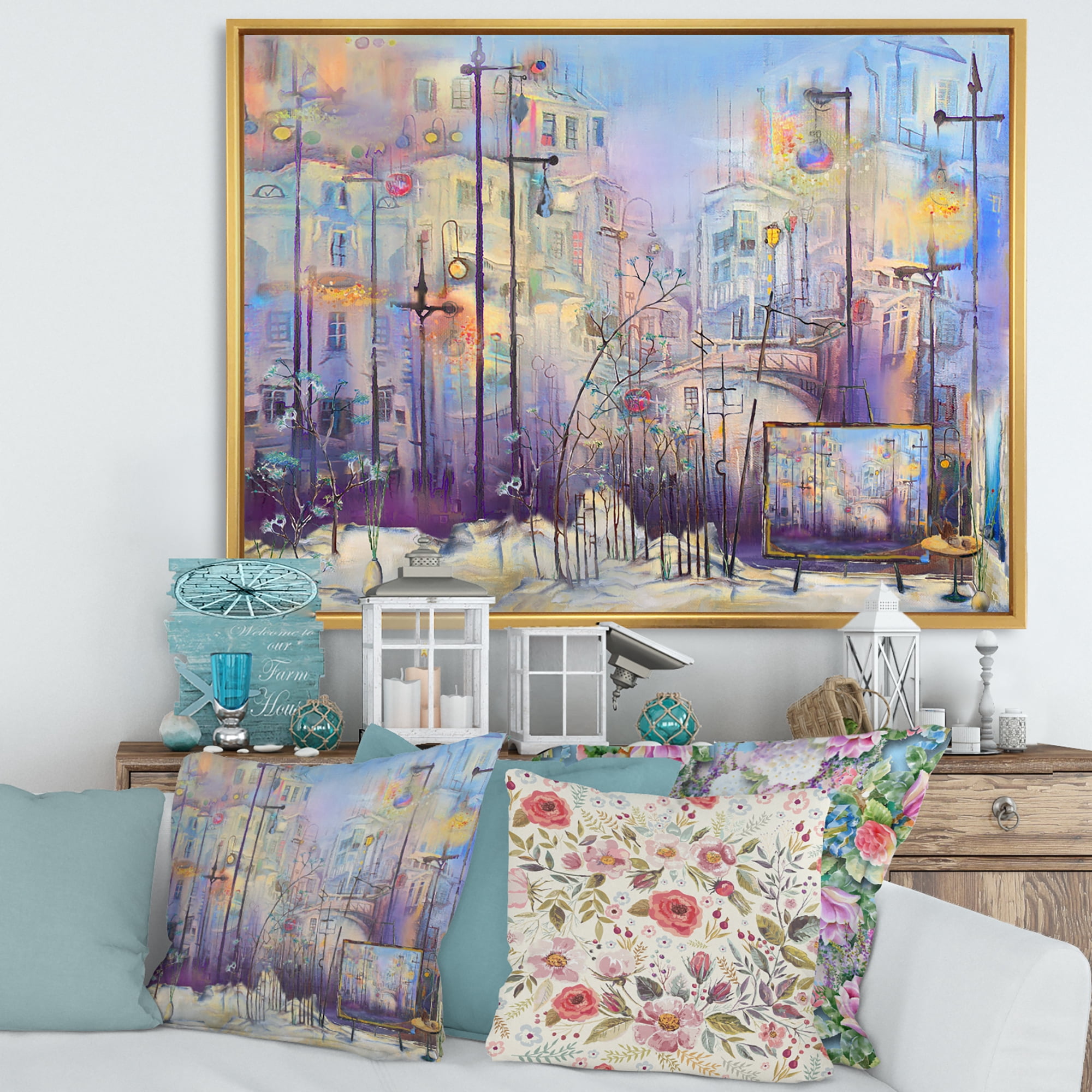 Designart 'Abstract Cityscape With Pastel ' Modern Framed Canvas Wall Art Print