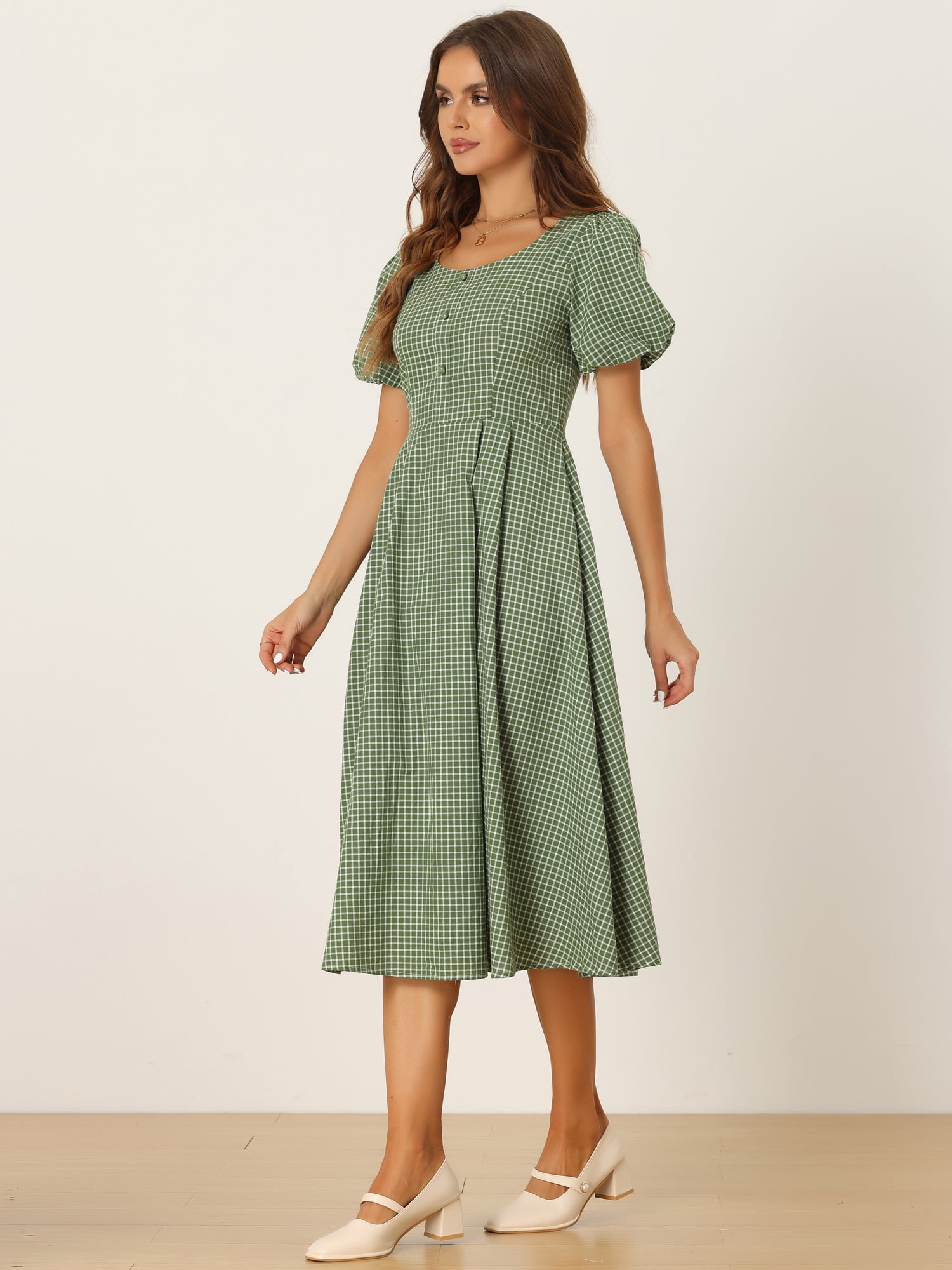 DARING DIVA Smocked Back Puff Short Sleeve Midi Dress S Green