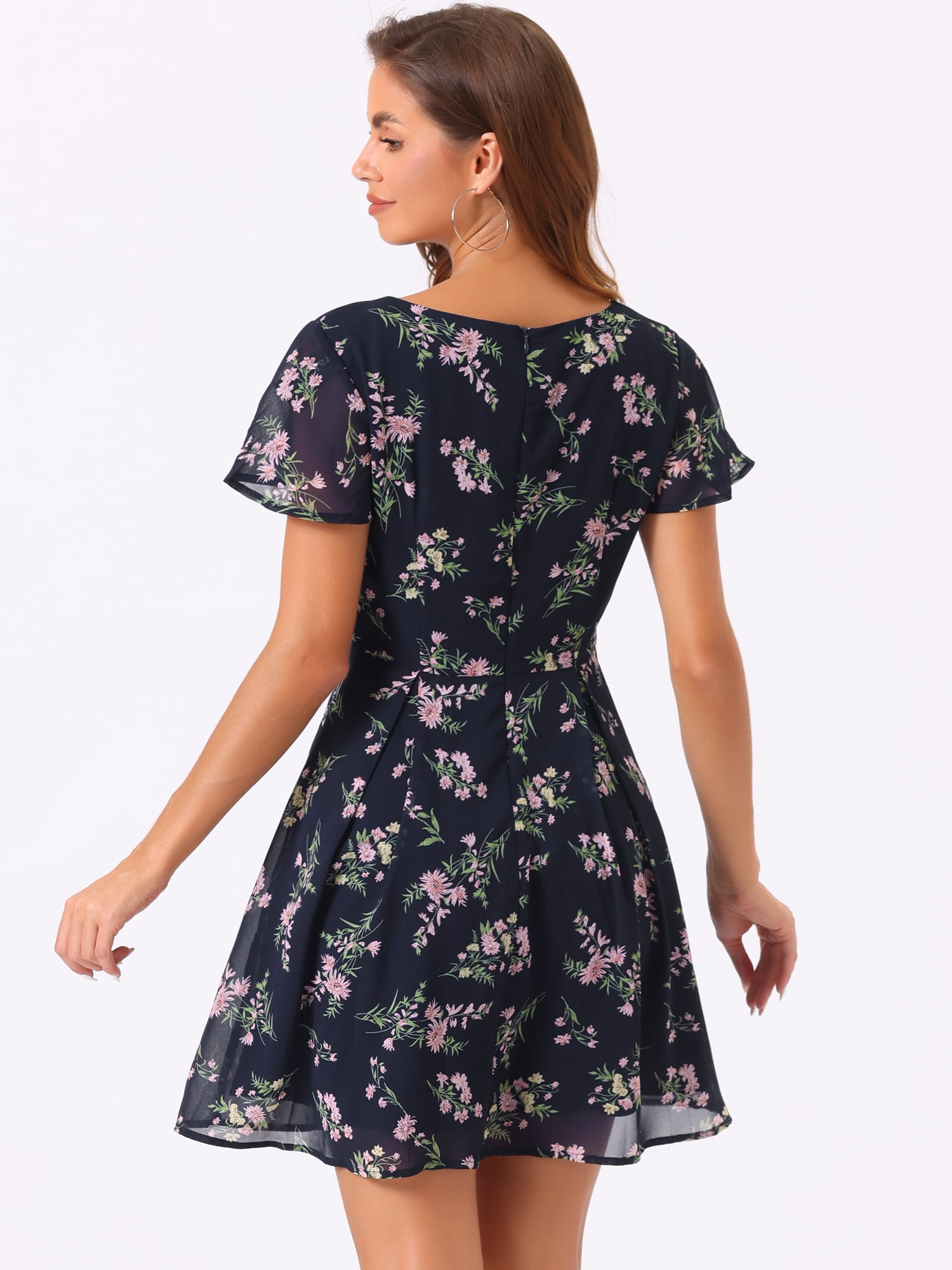 DARING DIVA Floral Flouncing Sleeve V Neck A-Line Chiffon Dress  S Blue