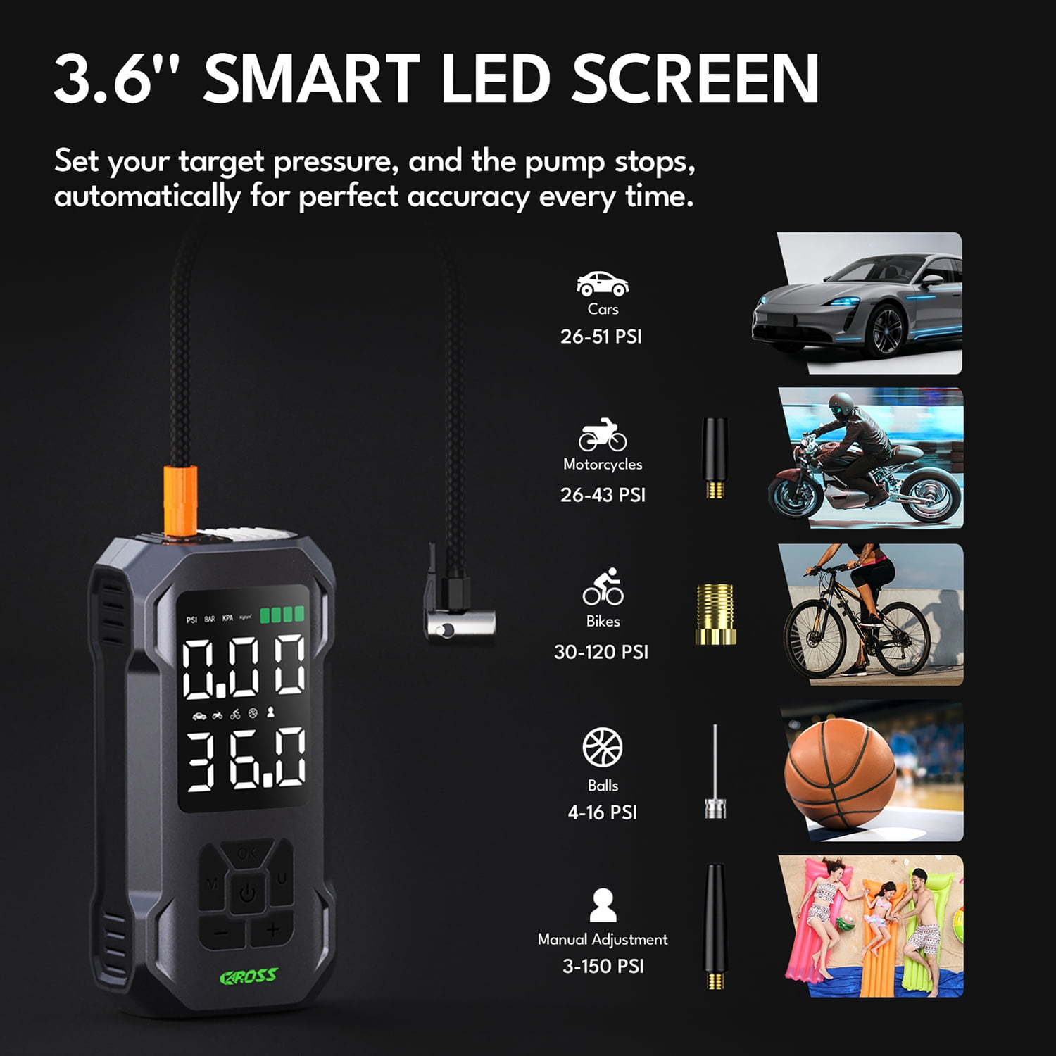 CAROSS Combo 150-PSI Portable Air Compressor and 7,500-mAh Portable Power Bank with Digital Display, LED Light, Adapter Nozzles, and Cloth Bag