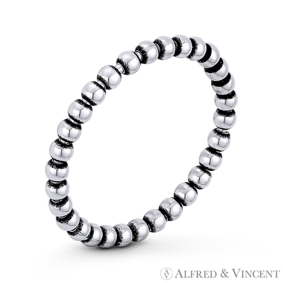 2mm Round Bead Link Right Hand Eternity Ring Stackable Band in Oxidized .925 Sterling Silver