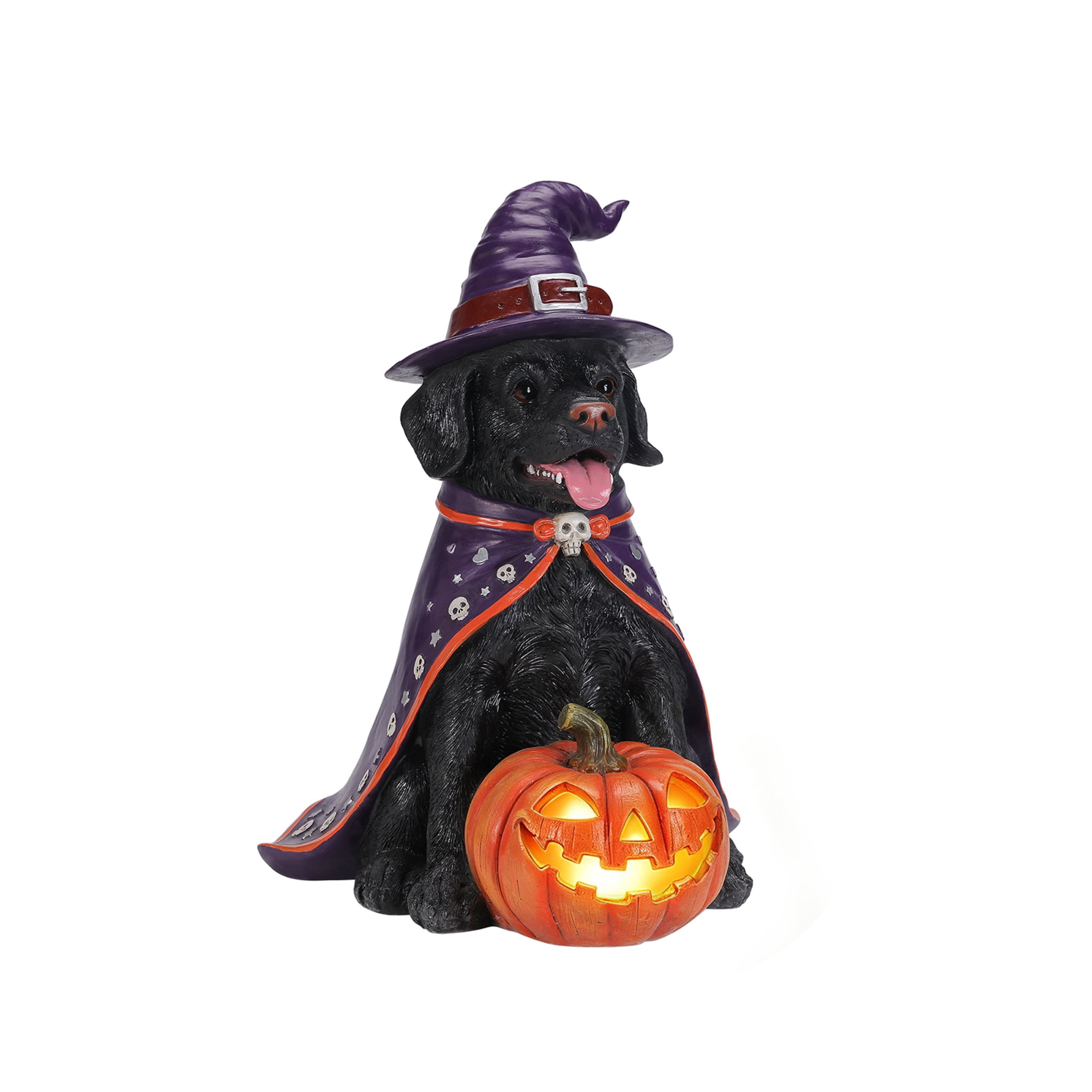Noble House Halloween Golden Retriever Witch Puppy Figurine with Pumpkin Lantern, Decorative Statue, Black
