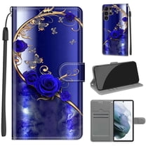 Compatible with Samsung Galaxy S22 Ultra Wallet Case for Men Women, Premium PU Leather Flip Cover with Card Holder, Wrist Strap, Kickstand Shockproof Magnetic Clasp Case, Blue Rose   Golden Butterfly