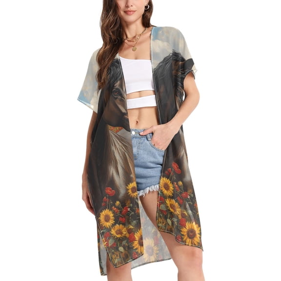 ALAZA Women's Beach Cover Up Horse in Wild Flower Kimono Swimsuit Summer Cardigan Swimwear M