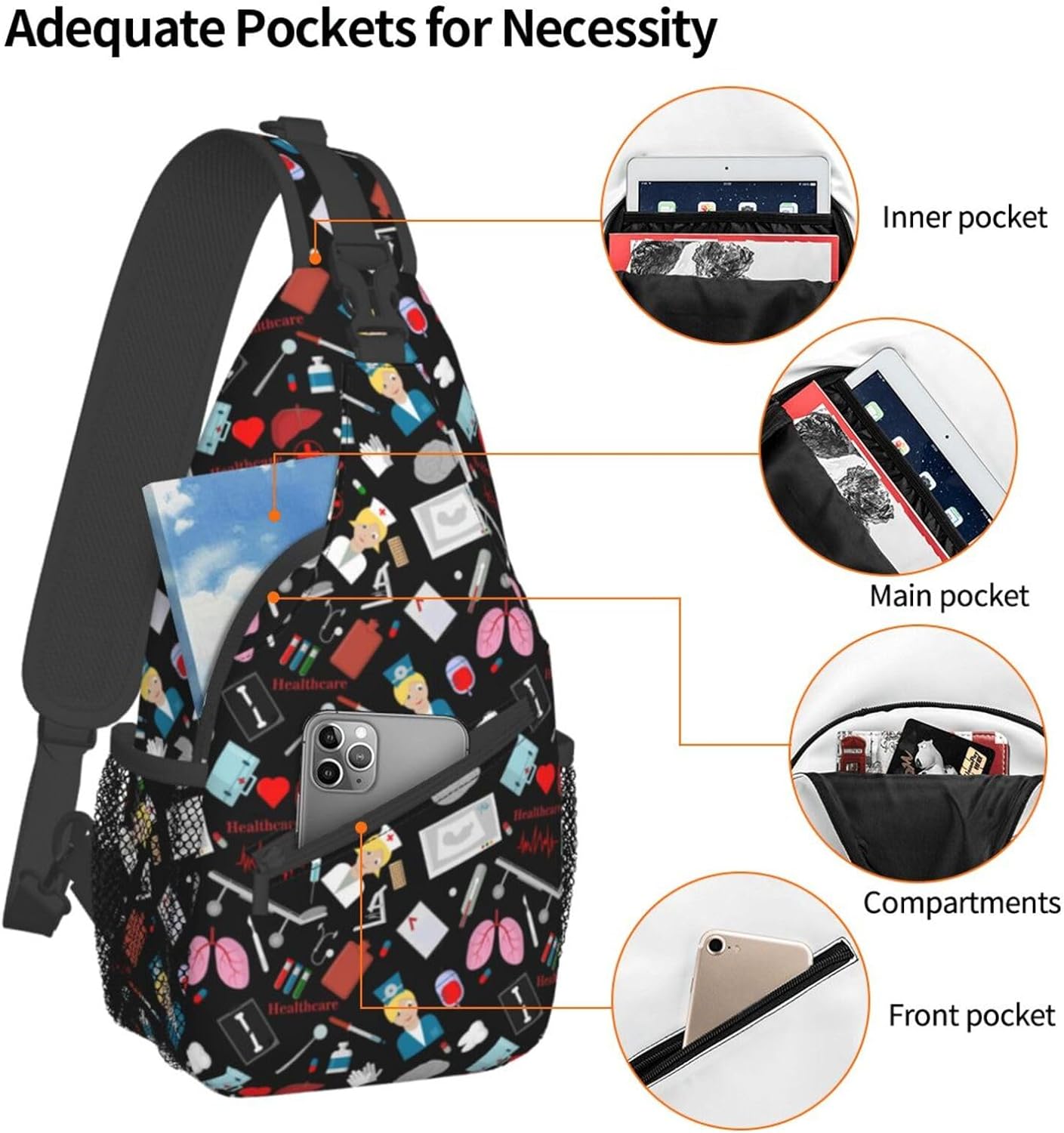 Nurse Medical Theme Sling Bag Crossbody Hiking Travel Chest Bags Backpack Shoulder Daypack for Women Men