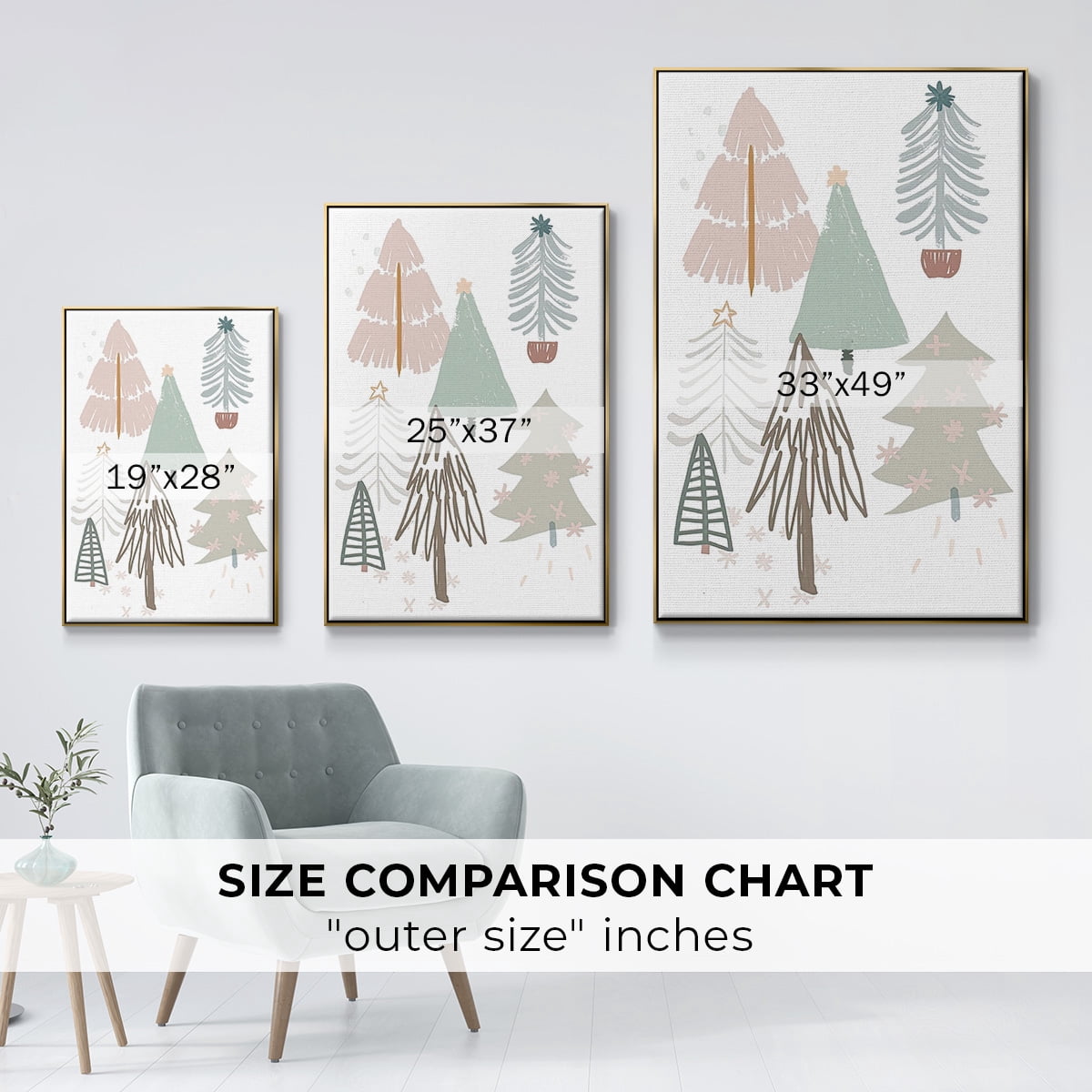 Christmas Tree Sketchbook Collection B - Framed Gallery Wrapped Holiday Canvas - 25 x 37 - Gold Frame