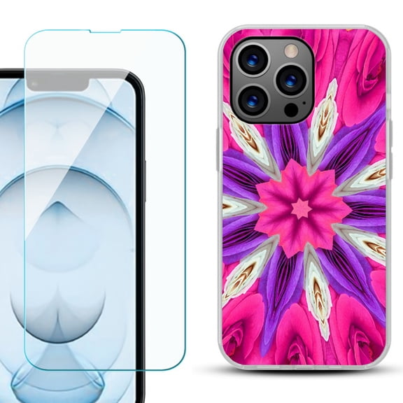 Slim-Fit Gel TPU Phone Case for iPhone 13 Pro Max, with Tempered Glass Screen Protector, by OneToughShield ® - Kaleidoscope Rose