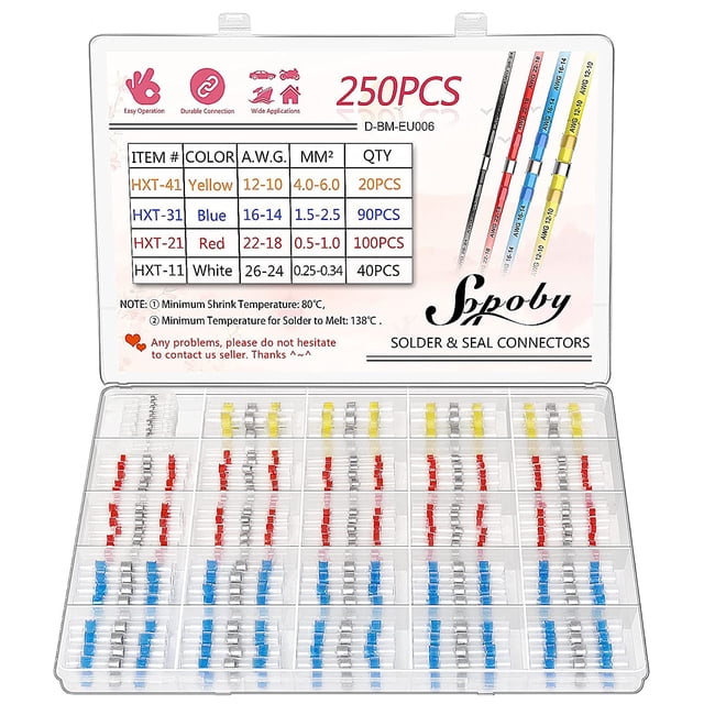 280 PCS Conector de alambre de junta de soldadura, Sopoby Conectores eléctricos aislados con sello de soldadura a tope termocontraíble Impermeable Marina Automotriz Automotriz
