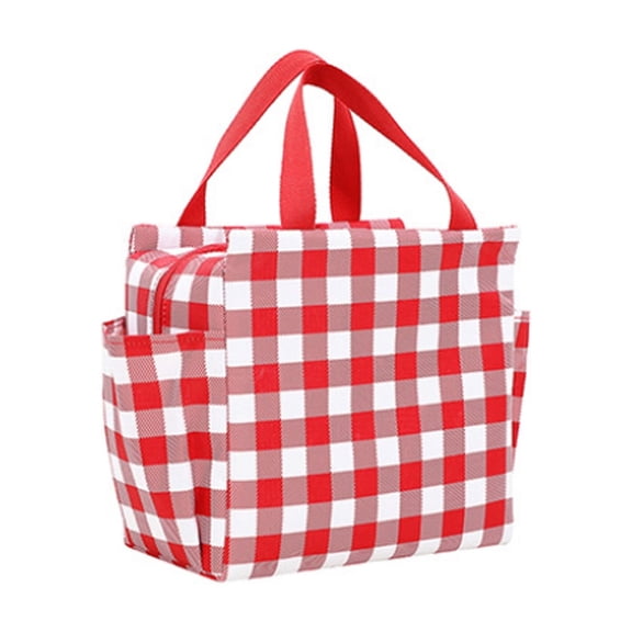 Checkered Lunch Bag Insulated Tote Reusable Tote for Work Lunch, Picnic, Gift for Her, Red Gingham Tote with Side Pockets